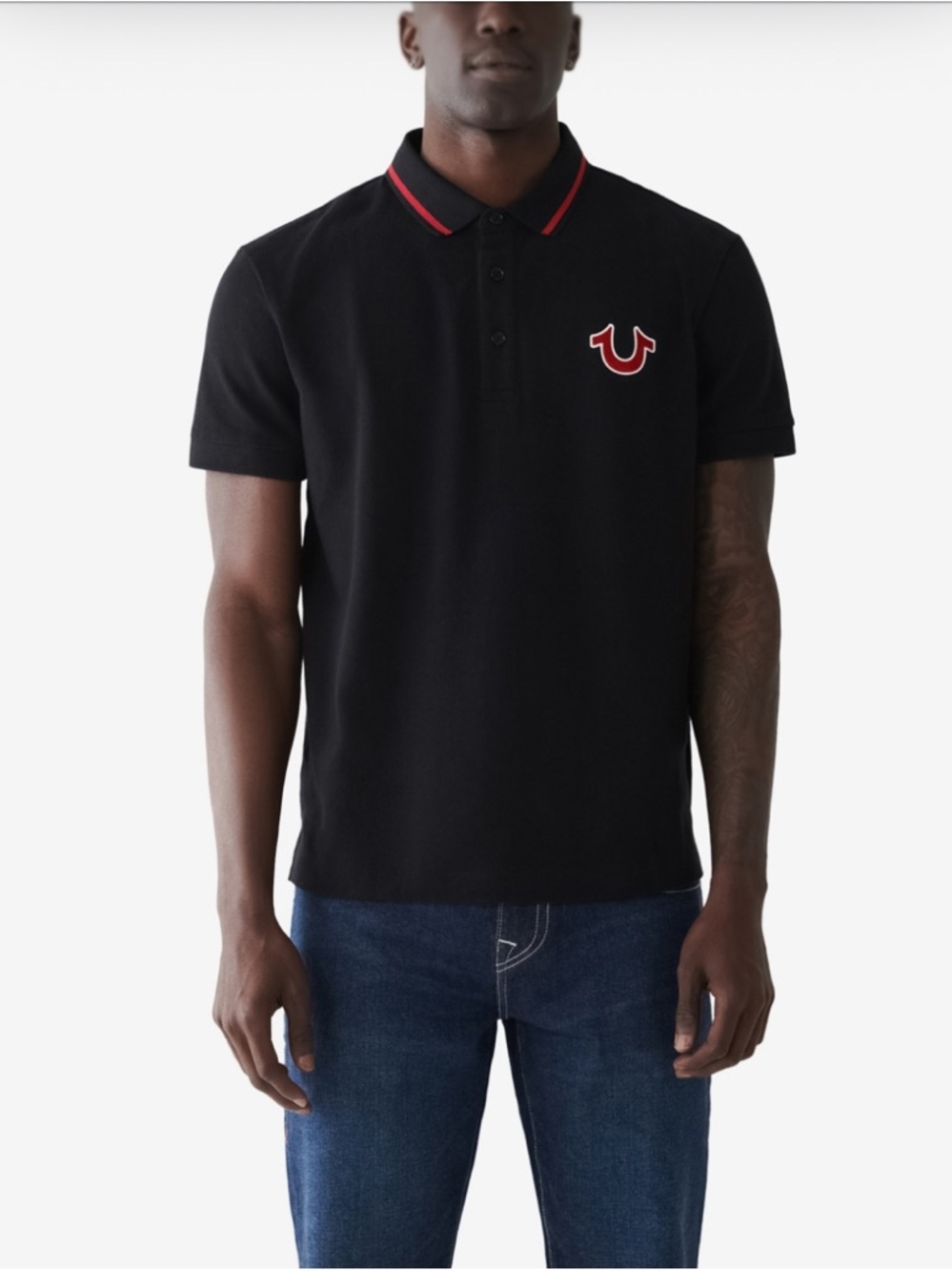 True Religion Black Polo with Red Trim and Logo